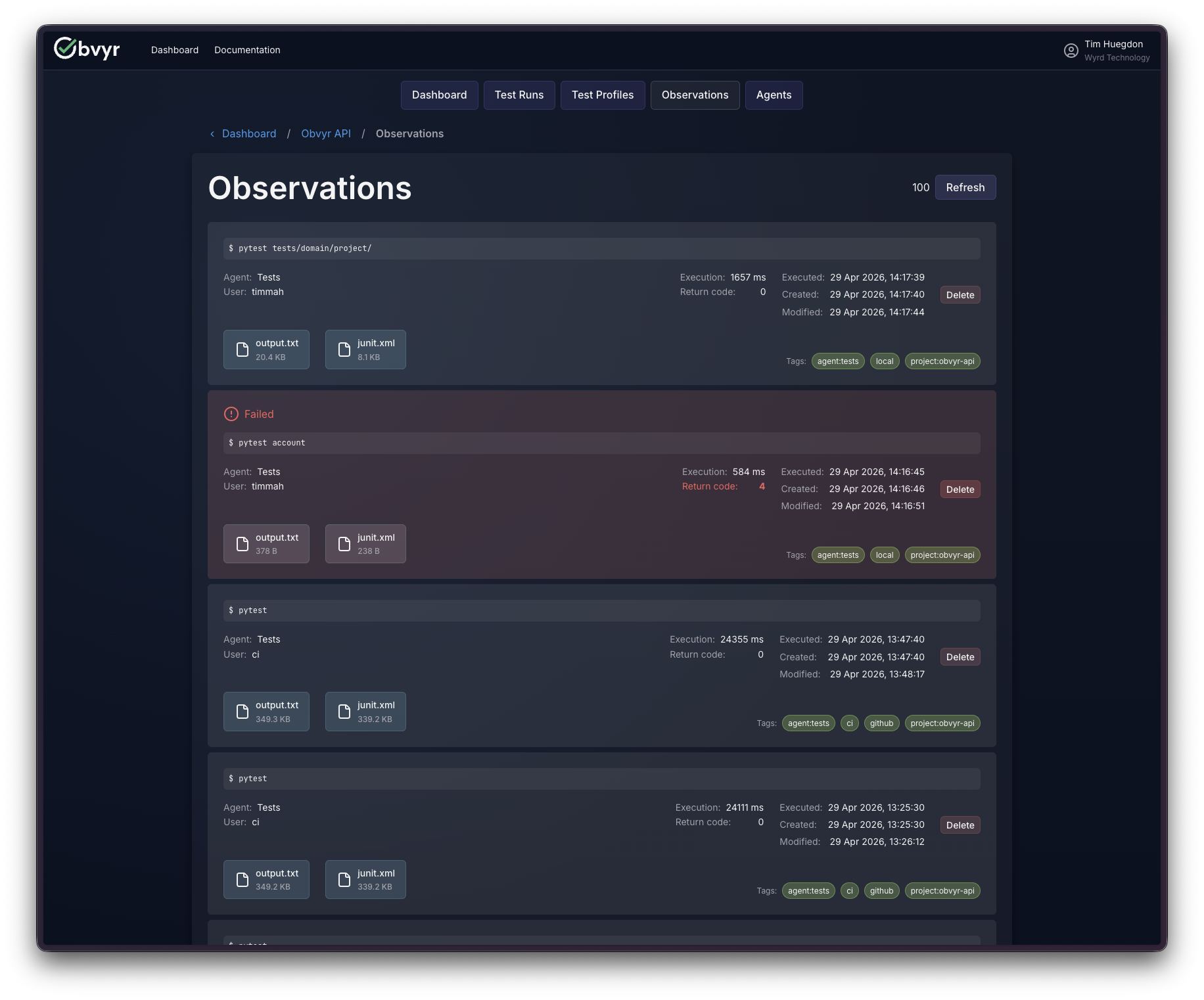 The Obvyr observation list showing test run results across environments