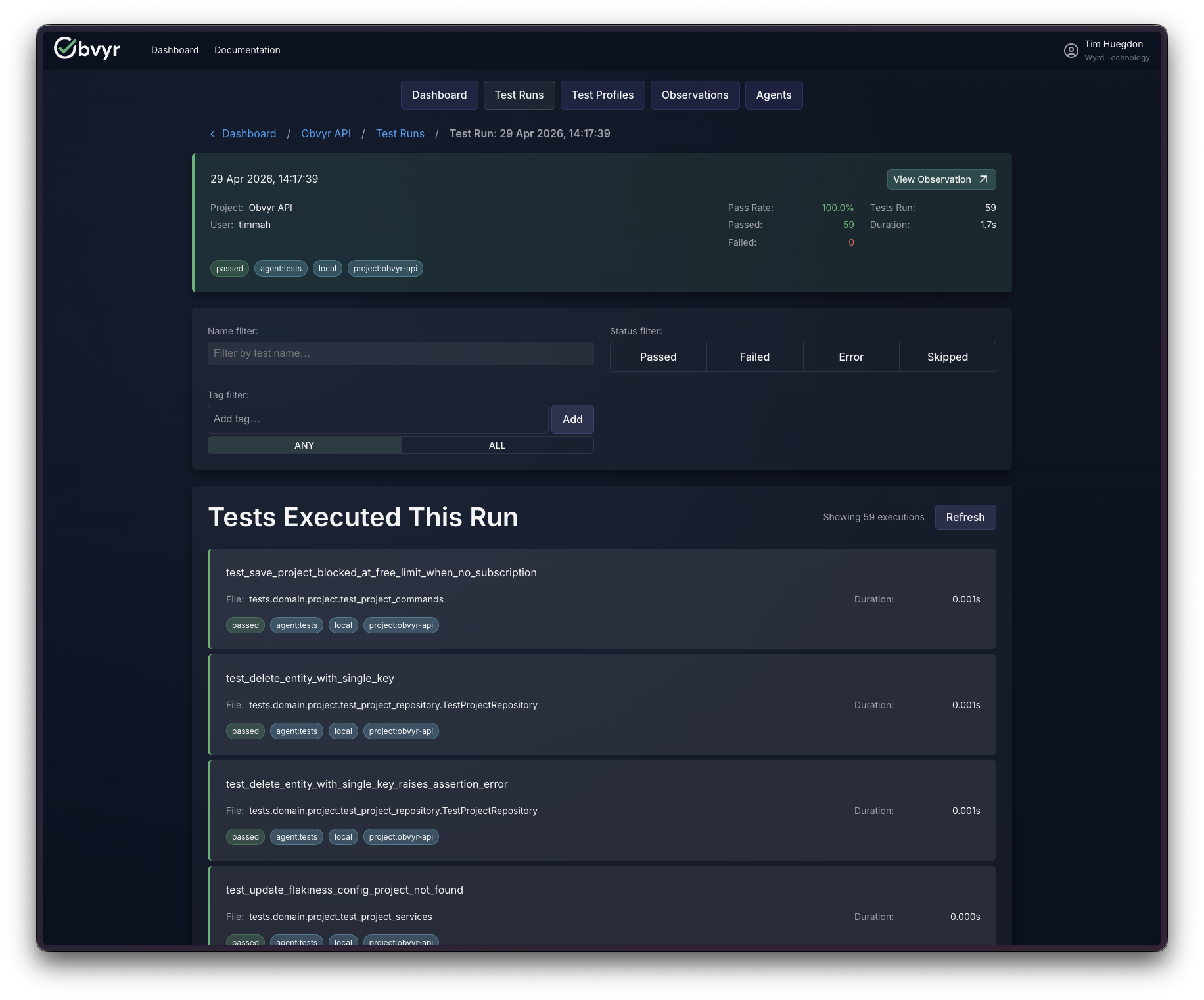The Obvyr test run detail view showing full test output and stack traces