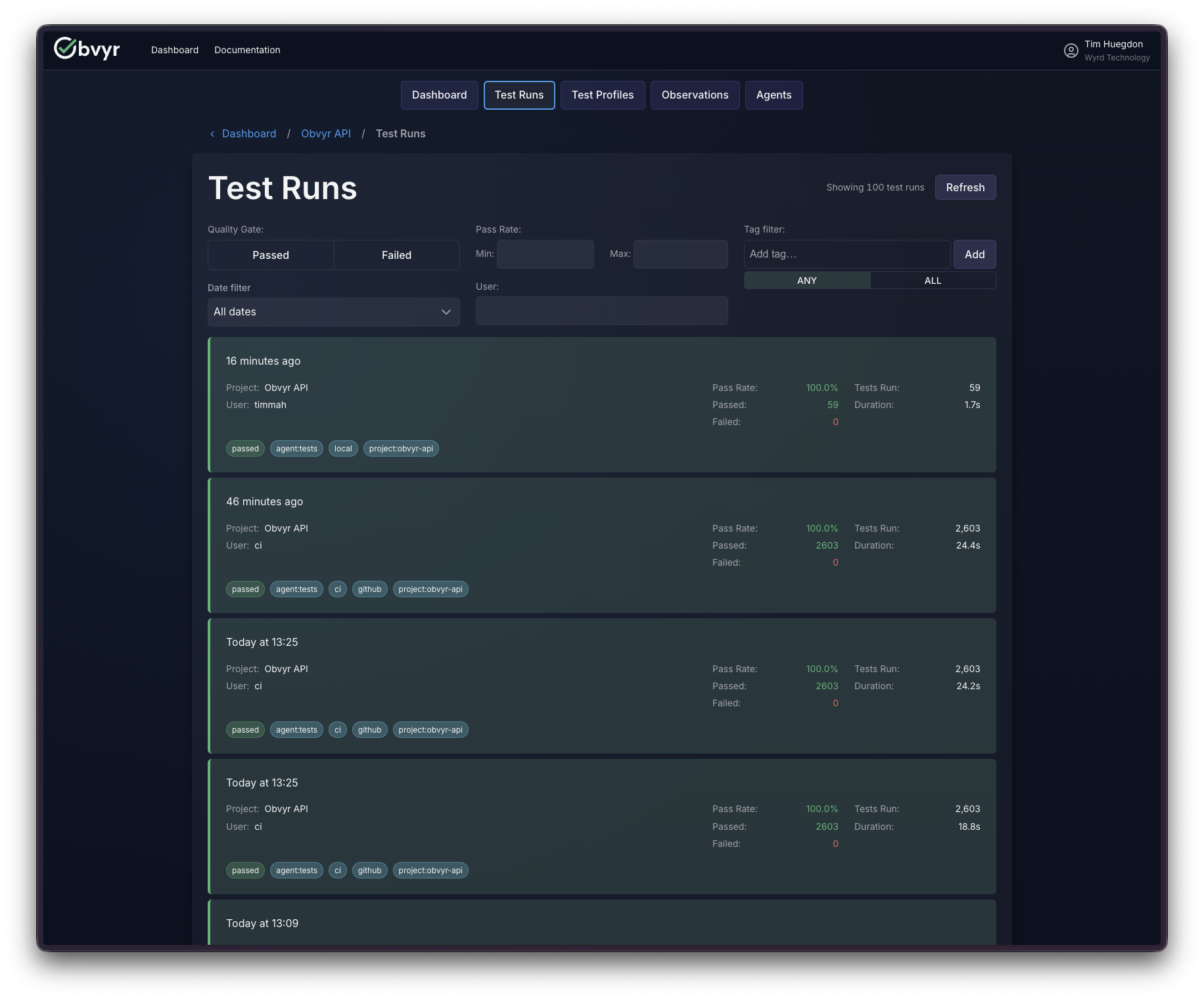 The Obvyr test run list showing a history of executions across environments